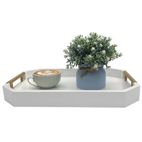 Serving Tray with Polished Metal Handles, Hexagon Coffee Table Tray, Modern Rectangle Decorative Tray, Large Ottoman Tray, Perfect for Storage and Display (White Rectangle) - color: White Rectangle