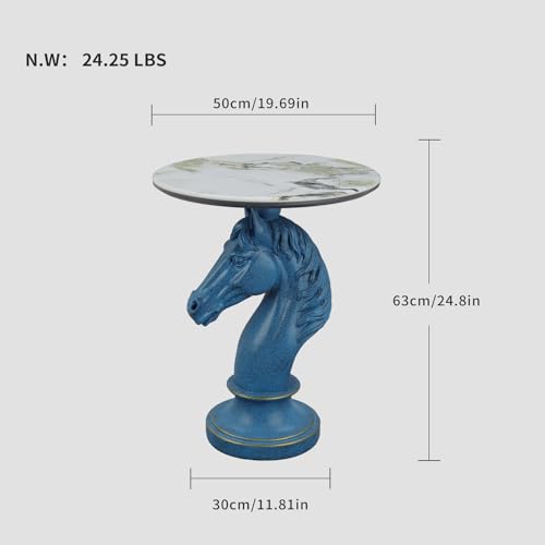 Modern Accent Table Living Room Horse Statue Blue and White Contemporary‌ Faux Marble Night Stand Side Table with Horse Head Base Reception Area & Bedroom（Width 19.69" ——Tall 24.8"） - style: Blue white horse head table