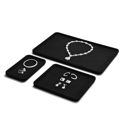 Microfiber Jewelry Display Flat Tray for Rings Earrings Necklace Bracelet, Jewelry Photograph Catchall Organizer Tray Dish (L, Black) - color: Black, size: 35 * 24 * 1.5cm