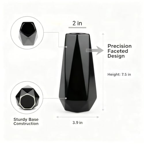 Modern Black Ceramic Vase, 7.5 Inch Geometric Flower vases, Minimalist Design for Table Shelf Centerpiece Home Decor Fit for Housewarming, Weddings, Birthday,Christmas - color: Black-1