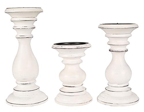 Candle Holders Set of 3 (10",8" & 6" Height)_White Antique,Pillar Candle Holder in Mango Real Wood,Decorative Candle Holders for Table Centerpiece, Wedding, Party, Home Décor, Spa, Farmhouse, Gifting - color: White Antique, size: 10"+8"+6" - High
