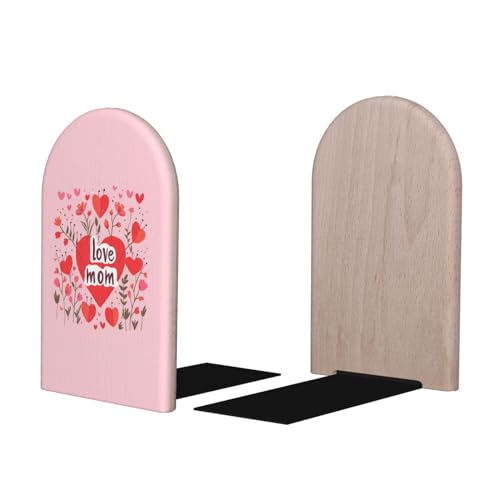 Love Mom Red Flower L-Shaped Book Ends 1 Pair Wood Bookends Book End Supports for Heavy Book Shelf Holder Home Decorative - color: Love Mom Red Flower