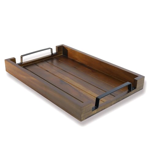 17" x 11" Acacia Wood Serving Tray with Black Iron Handle. Coffee, Decorative, Whiskey, Wooden Tray for Kitchen, Living Room, Bedroom Entryway, Hallway - Rustic Tray (Brown)