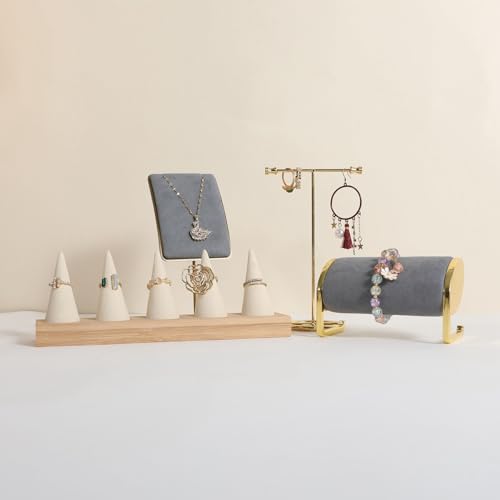 GemeShou Beige wood ring storage organizer, Velvet Jewelry ring display holder, Cute ring display stand for selling, wedding ring holder at nightstand【Beige with five cone】 - size: Large