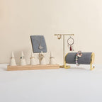 GemeShou Beige wood ring storage organizer, Velvet Jewelry ring display holder, Cute ring display stand for selling, wedding ring holder at nightstand【Beige with five cone】 - size: Large
