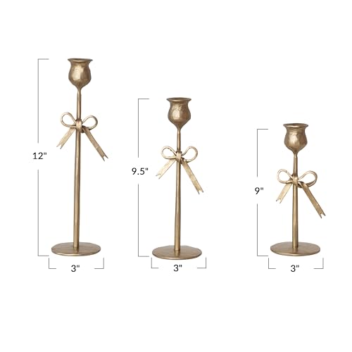 Creative Co-Op 3-Piece Hand-Forged Bow Shaped Metal Taper Candle Holders, Antique Gold Finish