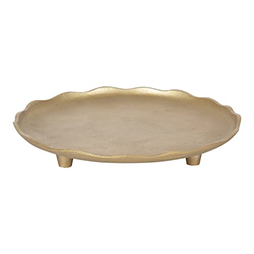 Kate and Laurel Alessia Modern Decorative Scalloped Round Footed Metal Tray; 16 Inch Diameter; Gold; Food-Safe Cast Aluminum Pedestal Transitional Tray with Rough Texture and Deckled Edge - color: Gold