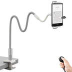 SAIJI Gooseneck Kindle Holder With Remote Page Turner, Tablet Holder for Bed, 39.3 in Flexible Lazy Arm，Free Hands Kindle Accessories, Leather Tablet Stand For Reading In Bed,Fits 4.7-11" Devices,Gray - color: Grey