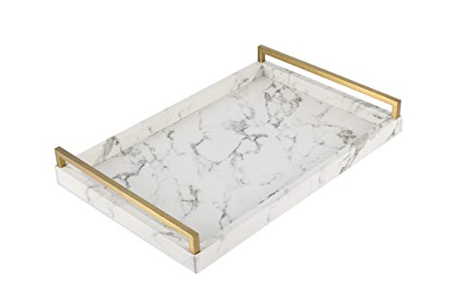 17.8 * 11.8" White PU Leather Marble Finish Decorative Tray Serving Tray with Brushed Gold Handle for Coffee Table, Console Table, Ottoman - color: White