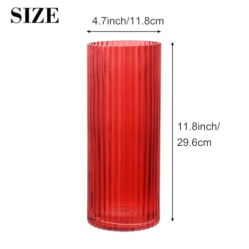 Red Glass Vase for Flowers, Ribbed Glass Vase for Tulips, Modern Red Vases, Tall Cylinder Glass Vases for Living Room, Bedroom, Dining Table, Office, Wedding, Bookshelf, 12 Inches - color: Red, size: 12''