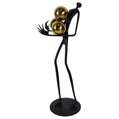 Modern Abstract Cast Iron Sculpture with Golden Spheres – 16.2 in Tall Handmade Minimalist Figurine Art for Home Office Decor, Industrial Desktop Ornament Gift (Black)