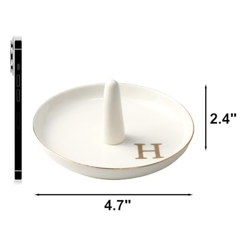 Ceramic Initials Jewelry Tray Ring Dish With Personalized H-Monogrammed Engagement Wedding Gifts, for Birthday Mother's Day for Women, Ceramic White 4.7" x2.4" - style: H
