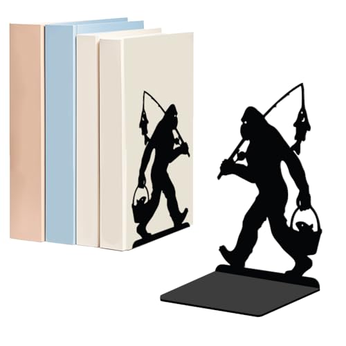 WADORN Bigfoot Fishing Metal Decorative Bookend for Shelves 1 Pair, Heavy Duty Book Ends Unique Non-Skid Books Holder Stand Black Book Support Stoppers for Desk Bookshelf Office Home, 5.3x4.3x7.9 Inch - color: Funny Bigfoot