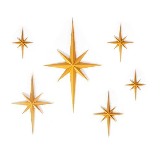 Stylor Mid Century Modern Decor, Gold Mcm Retro 3D Star Art Wall Sculpture, Plastic Starburst Decor, Vintage Celestial Whimsigoth Home Decor Accent. (Set of 6) - color: Gold