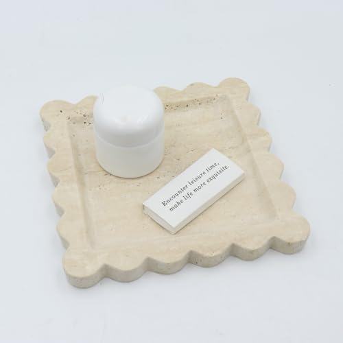 Square Marble Decorative Tray with Scalloped Edge, Luxury Natural Stone Bathroom Vanity Tray, Dresser Top Perfume Coffee Home Kitchen Sink Tray, Key Trinket Ring - color: Beige Travertine