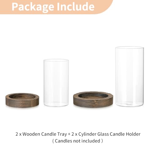 NUPTIO Hurricane Candle Holder for Centerpiece: Glass Pillar Candle Holder with Rustic Brown Wooden Plate - Set of 2 Floating Candles Cylinder Vase for Outdoor Wedding Table Decor - color: Brown