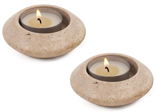 Tealight Candle Holders Set of 2 – Handcrafted Natural Marble Tea Light & Votive Holders, Decorative Stone Candle Holder Pair for Home Décor, Dining Table, Coffee Table & Wedding Decor - color: Travertine, size: 3" Inches