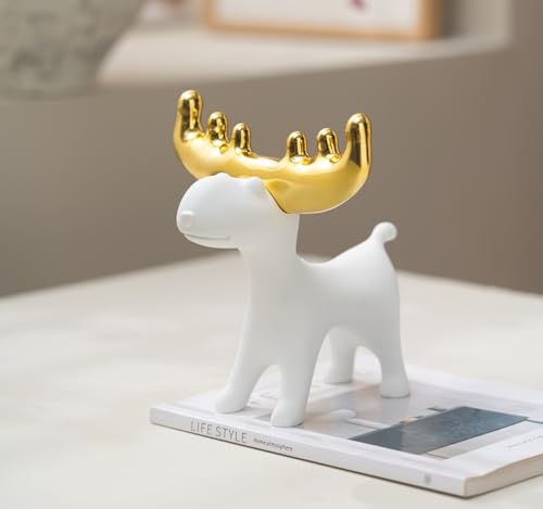Modern White Resin Deer Figurine with Gold Antlers – 7.48 x 69 x 7.72 Minimalist Animal Sculpture for Home & Desk Decor(Standing/Reclining Style) - size: H 7.72 in White A