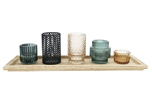 Bloomingville 5-Piece Embossed Glass and Metal Tealight Candle Holders in a Wood Tray, Multicolor