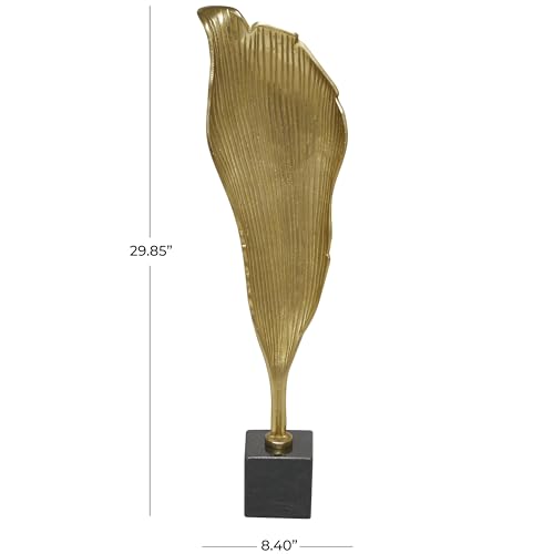 Deco 79 Aluminum Metal Abstract Decorative Sculpture Textured Leaf Home Decor Statue with Black Marble Base, Accent Figurine 8" x 4" x 30", Gold