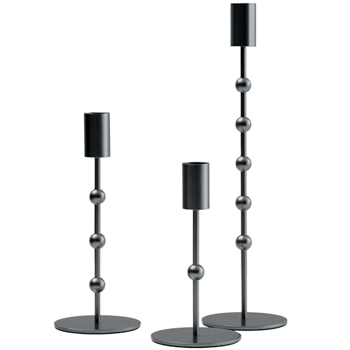 Black Candlestick Holders, Beaded Metal Taper Candle Stick Holders, Set of 3 Candle Holder for Fall Decorations, Tapered Candle Holders, Thanksgiving Table Centerpiece, Halloween Gothic Decor - color: Black