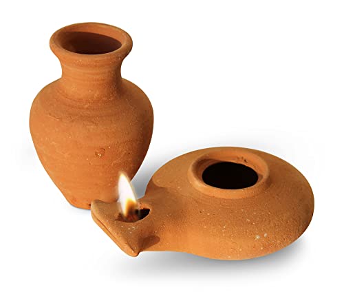 Biblical Herodian Clay Oil Lamp with Jar - Authentic Terracotta Replica from Holy Land Archaeological Finds - Handmade Christian & Jewish Faith Artifact - color: Herodian - Biblical Brown with Jar