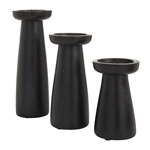 Deco 79 Mango Wood Decorative Candle Holder Pillar Candle Stand, Set of 3 Candlestick Holder 10", 6", 8" H, Black
