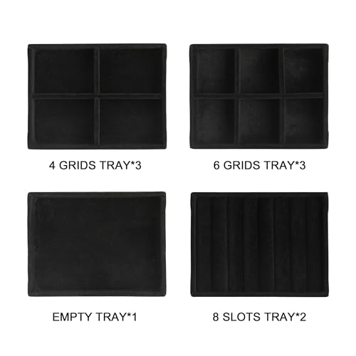 Frebeauty Small Jewelry Tray Set,Stackable Velvet Jewelry Organizer Tray,Mini Jewelry Drawer Organizer,Drawer Inserts,4.92 x 3.74 x 0.9 Inches,Earring Organizer for Women(Set 9,Black) - color: Black, size: Mixed Set 9