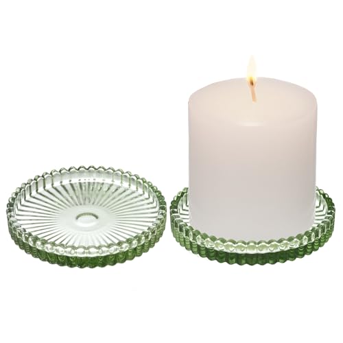 2 Pack Glass Pillar Candle Holders 4 Inch Ribbed Edge Design Decorative Candle Plate with Serrated Edges Clear Green Display Stand for Wedding Home Decor Table Centerpieces - color: Green