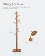 VASAGLE Solid Wood Coat Rack, Free Standing Hall Coat Tree with 8 Hooks, 3 Height Options, for Coats, Hats, Bags, Purses, for Entryway, Hallway, Rubberwood Hooks and Pole, Dark Walnut URCR010W01 - color: Dark Walnut, style: Square Base + Cylindrical Hooks