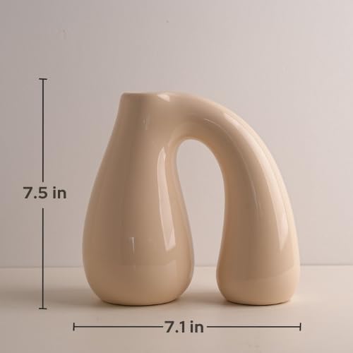 Cream White Ceramic Vase for Modern Home Decor 7.5" Sculptural U-Shape Pitcher Vase Arch Handle, Small Neutral Aesthetic Flower Vase for Pampas Grass, Dried Flowers, Shelf Entryway Decor PROBENEX - color: White