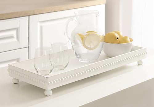 Kate and Laurel Strahm Rectangle Wooden Beaded Display Tray, 10 x 24, White, Lightly Distressed Wood Decorative Footed Tray for Use as Useful Ottoman Tray or Kitchen Serving Tray