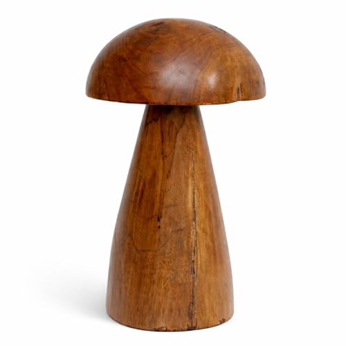 Solid Teak Wood Mushroom Decor, Handmade Wooden Sculpture Rustic Boho Tabletop Accent, Natural Wood Grain Home Decoration Figurine for Living Room, Shelf, Coffee Table Indoor Decor