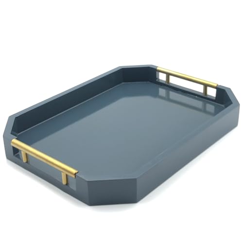 Serving Tray with Polished Metal Handles, Hexagon Coffee Table Tray, Modern Rectangle Decorative Tray, Large Ottoman Tray, Perfect for Storage and Display (Blue Rectangle) - color: Blue Rectangle
