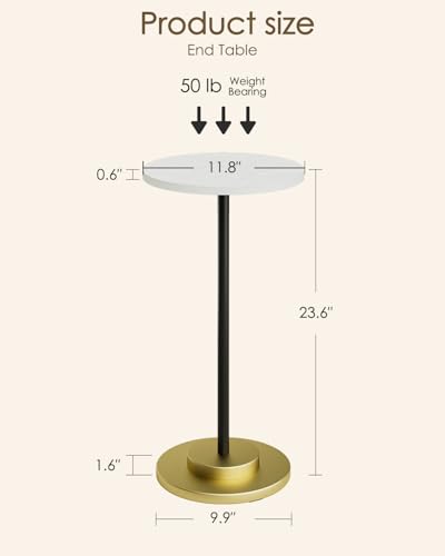 Masupu Drink Table, Round Side Table for Small Spaces, Pedestal Side Table, Small End Table with Metal Base, for Living Room, Bedroom, Bathroom, White - color: 02.white Black Gold