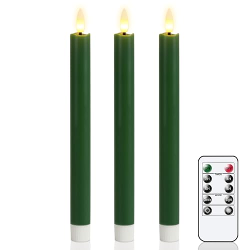 GenSwin FlamelessTaper Candles Flickering with 10-Key Remote, Battery Operated Led Warm 3D Wick Light Window Candles Real Wax Pack of 3, Christmas Home Wedding Decor(Green, 0.78 X 9.64 Inch) - color: 3-Green