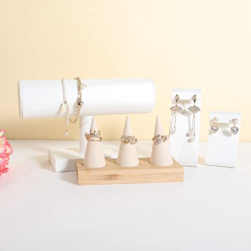 GemeShou Beige wood ring storage organizer, Velvet Jewelry ring display holder, Cute ring display stand for selling, wedding ring holder at nightstand【Beige with three cone】 - size: Medium
