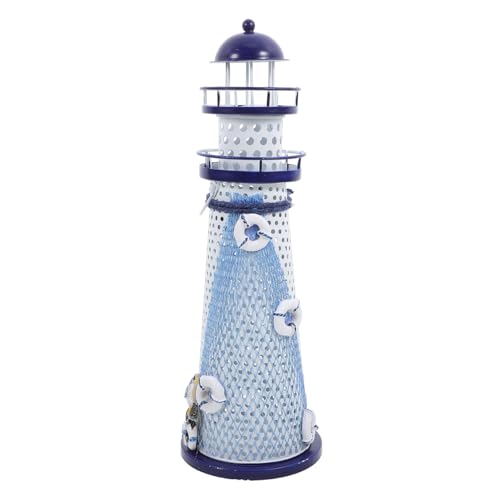 Amosfun Nautical Lighthouse Candle Holder Metal Tea Light Stand Mediterranean Desk Decor with Large Round Holes for Home Office Table Display