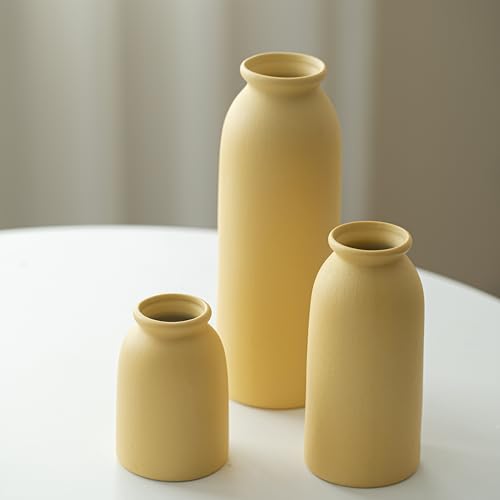 Ceramic Vase Set-3, Small Flower Vases for Decor, Modern Boho Farmhouse Style, Decorative Vases for Pampas Grass & Dried Flowers, Distressed Finish (Yellow) - color: Yellow