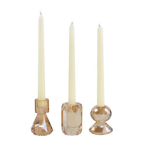 Amber Crystal Candle Holder, Set of 3 Crystal Clear Candlestick Stand for Pillar Taper Tealight Candle,Party, Wedding and Christmas Candle Holder Decoration - color: Champagne