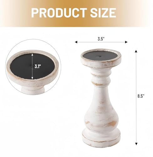CedarLux Rustic Pillar Candle Holder, 8.5 Inch Tall White Wooden Candlestick Holders, Farmhouse Candle Stands for Pillar Candle, Decorative Wood Candlestick Holders for Living Room, Table Centerpiece - size: 8.5"H