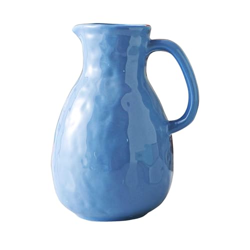 Blue Ceramic Vase with Handle, Pitcher Vases for Modern Farmhouse Home Decor, Small Pottery Flower Jug for Living Room Bedroom Kitchen Office Shelf Decor Centerpiece Table Decoration - color: Blue Pitcher Vase
