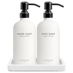 Vine Creations Glass Soap Dispenser Set, Kitchen Soap Dispenser Set with Ceramic Tray, 16 oz Dish Soap and Hand Soap Dispenser Set with Stainless Steel Pump Decor (White Bottle/Matte Black) - color: White Bottle / Matte Black Pump