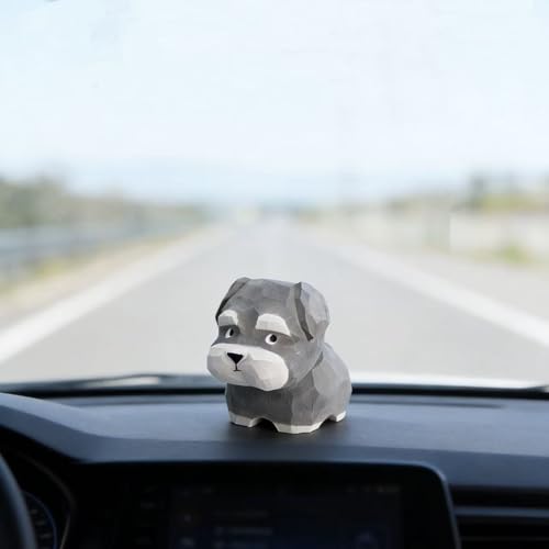 Hand-Carved Wooden Salt and Pepper Schnauzer Figurine – Mini Cute Dog Statue with Round Wooden Base for Desk & Home Decor, Car Dashboard Decoration, Unique Handmade Gift for Dog Lovers - color: Salt and Pepper Schnauzer