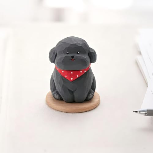 Hand-Carved Wooden Gray Teddy Dog Figurine, 2.7" Gray Puppy Statue with Base for Car Dashboard, Desk & Home Decor, Gift for Dog Lovers - color: Gray Teddy