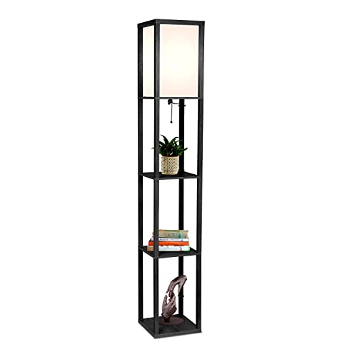 Brightech Maxwell - Modern Shelf Floor Lamp with Lamp Shade & Warm White LED Bulb, Corner Display Floor Lamp with Shelves for Living Room, Bedroom, Nightstand Office, Home Decor Storage - Black - color: Black