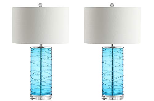 JONATHAN Y 27.5" Turquoise Modern Fused Glass Table Lamp Set of 2 for Bedroom Living Room, Coastal Nightstand Bedside Lamp with White Linen Shade, LED Bulbs Included JYL4016A-SET2 - color: Turquoise