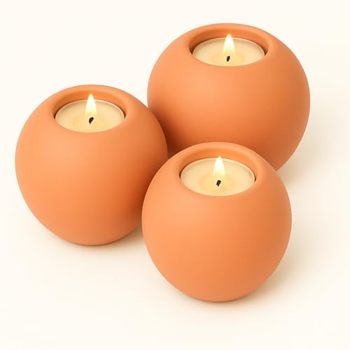 Concrete Sphere Tea Light Holder - Minimalist Centerpiece - Candle Holder - Modern Interior Design (Peach, Set of 3 Sizes) - color: Peach, size: Set of 3 Sizes