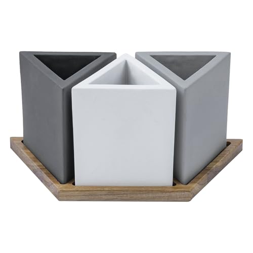 MyGift Modern Concrete Desk Organizer Set with 3 Triangular Gray-Tone Pen Holders and Acacia Wood Tray, 4-Piece Office Storage Solution for Pens, Pencils, and Supplies - color: Wood