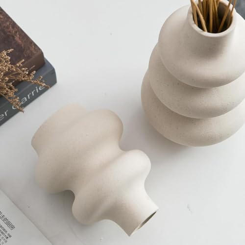 Ceramic Vase Set of 2 - Off White Boho Round Vases, Modern Pampas Vases, Dried Flower Vase Home Decor for Centerpieces Wedding Dinner Table Party Living Room Office Bedroom - color: Creamy Off-white/Light Beige